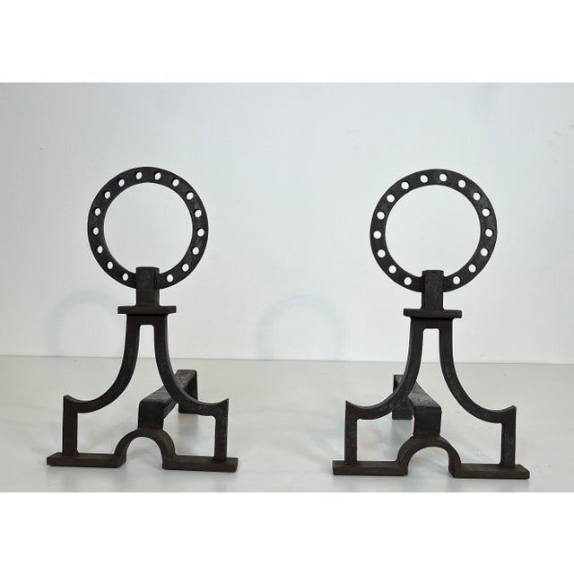 Pair of modernist wrought iron andirons in the style of Gilbert Poillerat For Sale - Image 12 of 12