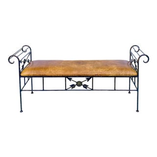 Mid-Century Large Scale Neo-Classical Style Italian Iron and Leather Bench For Sale