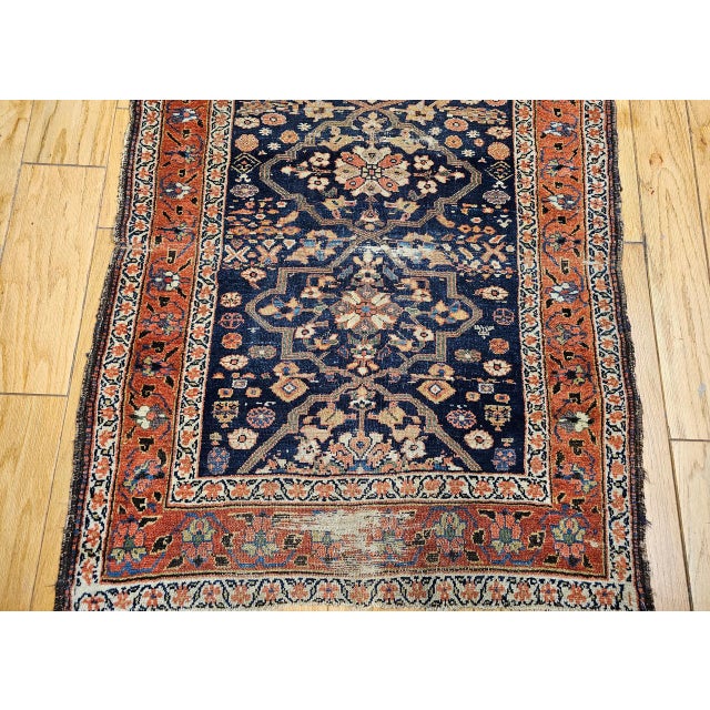 Antique Farahan Sarouk Runner, Hand-Knotted Wool, All-Over Geometric Pattern, Navy & Rust, 4x10 For Sale - Image 12 of 16