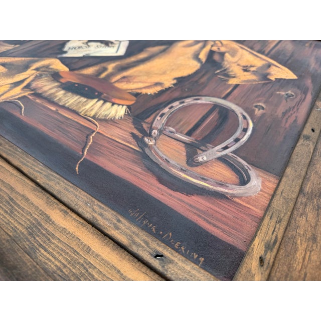 American Vintage Original Trompe-L’Oeil Western Still Life Oil Painting in Rustic Wood Frame For Sale - Image 3 of 12