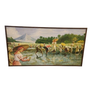 Fernand Amorsolo Student Painting University of the Philippines Under Occupation 1940s Planting Rice With Mayon Volcano For Sale