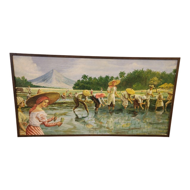 Fernand Amorsolo Student Painting University of the Philippines Under Occupation 1940s Planting Rice With Mayon Volcano For Sale