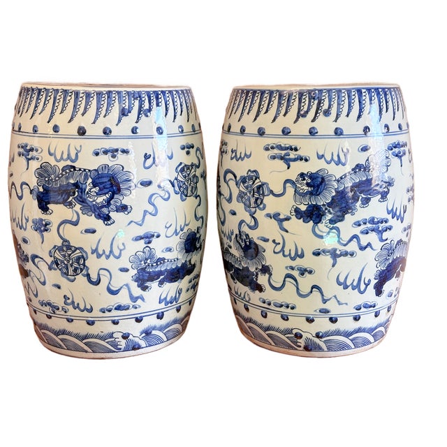2020s Chinoiserie Porcelain Blue and White Dancing Foo Dogs Garden Stools - A Pair For Sale - Image 5 of 7