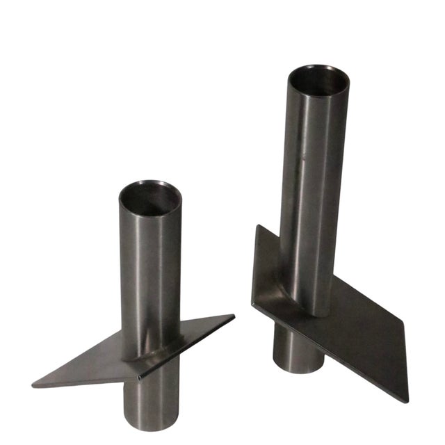 Silver Late 20th Century Pair of Danish Modern Stainless Steel Candlesticks by Erik Bagger Form Function Denmark For Sale - Image 8 of 12