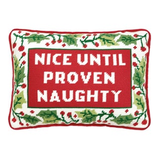 Nice Until Proven Naughty Embroidered Needlepoint Pillow, 10" x 14" For Sale