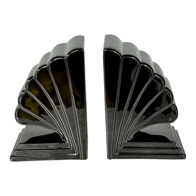 Vintage MCM Fitz and Floyd Art Deco Black Ceramic Bookends-Pair For Sale