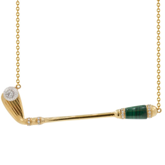 Contemporary Diamond Green Malachite Golf Club Birdie Jewelry 18 Karat White Gold Charm Pendant Necklace For Sale - Image 3 of 10