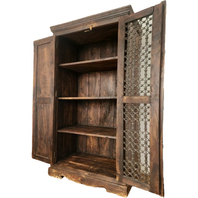 Antique Hand-Carved Wood Wardrobe with Carved Doors and Iron Grille, Bali, Indonesia, 1920s For Sale - Image 13 of 18