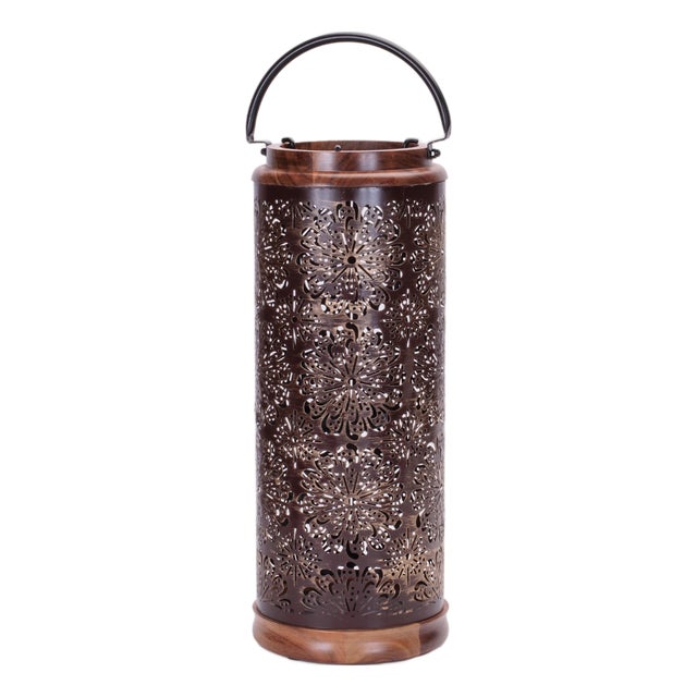 Punched Metal Lantern with Natural Wood Accents 19"H For Sale