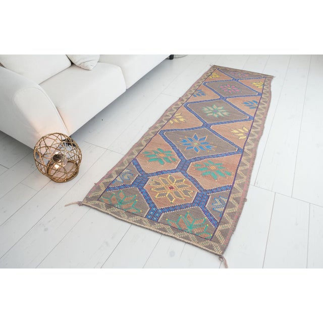 Tribal Tribal Oushak Geometric Vintage Kilim Runner For Sale - Image 3 of 10