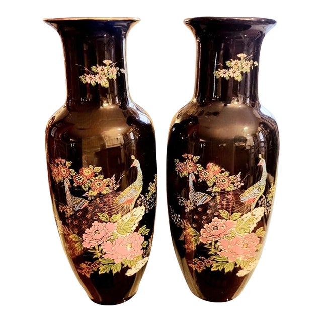Vintage Black Pink Chinoiserie Floral Peacock Vases= a Pair For Sale