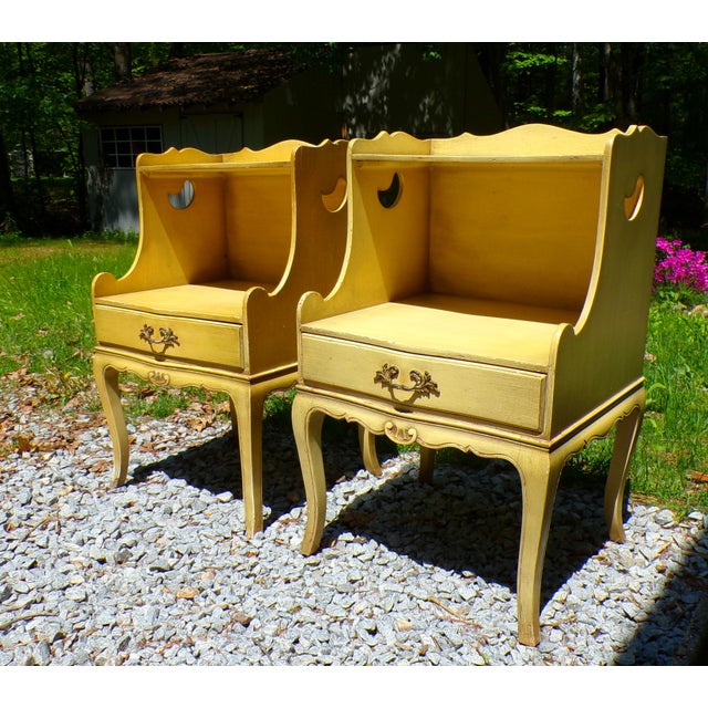 Shabby Chic Vintage Pair French Provincial Nightstands Shabby Chic Two Tier End Tables For Sale - Image 3 of 12