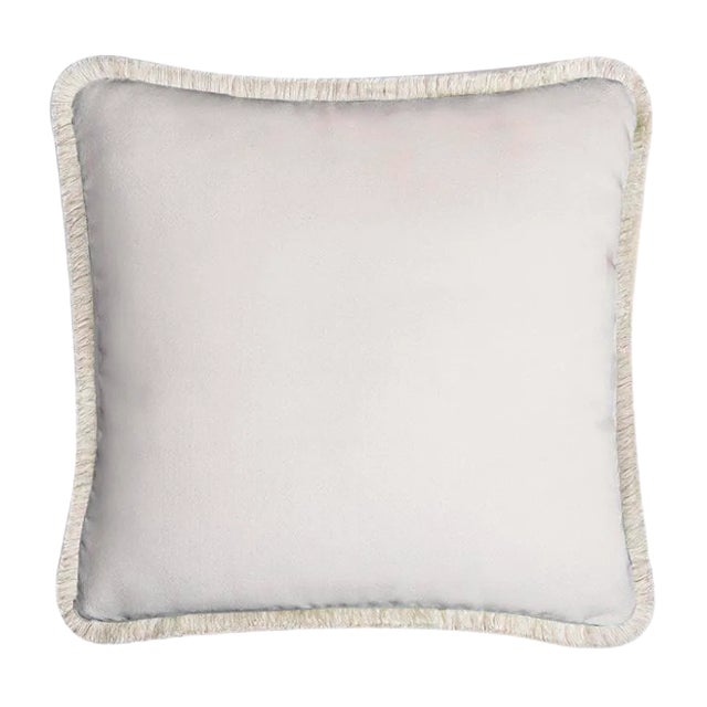Happy Pillow Soft Velvet Cushion with Fringe White-White by Lorenza Briola for Lo Decor For Sale