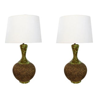 1960's American Cork Lamps With Mottled Olive-Green Ceramic Mounts - a Pair For Sale