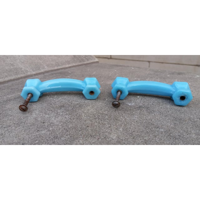 Blue 1920s Art Deco Pair (2x) Blue Opaline Glass Drawer Pulls (Handles) For Sale - Image 8 of 16