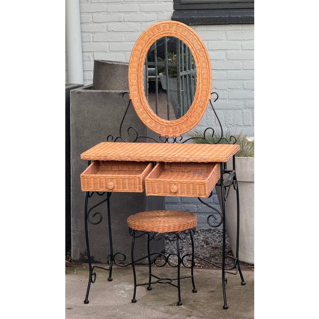 Rattan and Wrought Iron Vanity Table with Mirror and Bench, 1960s, Set of 2 For Sale - Image 4 of 18