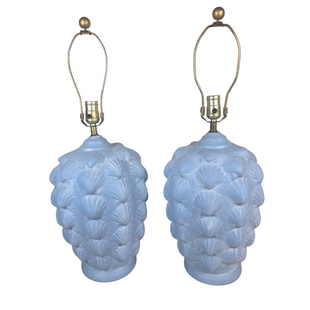 Vintage Hollywood Regency Blue Scallop Shell Lamps |- Coastal Neoclassical - a Pair For Sale - Image 11 of 12