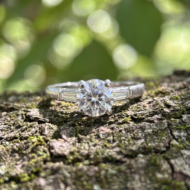 Mid 20th Century Mid-Century Platinum .94 Carat Old European Cut and Tapered Baguette Ring, Size 4.5 For Sale - Image 5 of 5