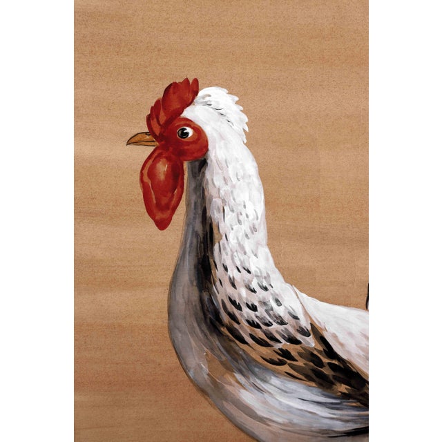 Painting of rooster perched on rock with aqua green bushes painted in the background. Slim bodied with tall black tail...