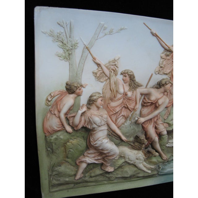 Ceramic Hunt of Diana Karl Ens Volkstedt German Bisque Wall Plaque After Hans Makart For Sale - Image 7 of 12
