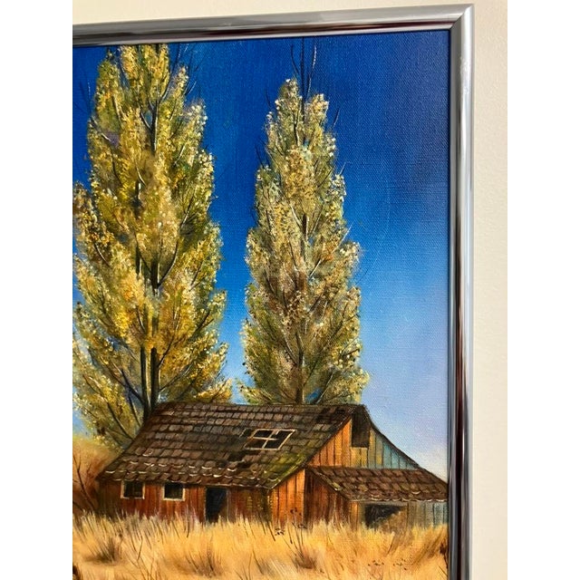 This listing is for an unsigned oil on canvas landscape depicting a rustic barn set among tall trees and golden grasses...