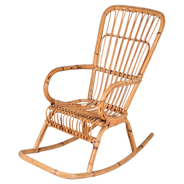 Mid-Century Italian French Riviera Curved Rattan and Bamboo Rocking Chair, 1970s For Sale