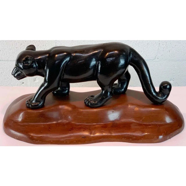 Modern Mid 20th Century French Modern Carved Wood Sculpture of Black Panther/ Jaguar For Sale - Image 3 of 13