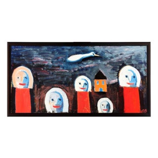 Wiliam Skotte Olsen, Figures, Houses and Birds, Oil on Canvas For Sale