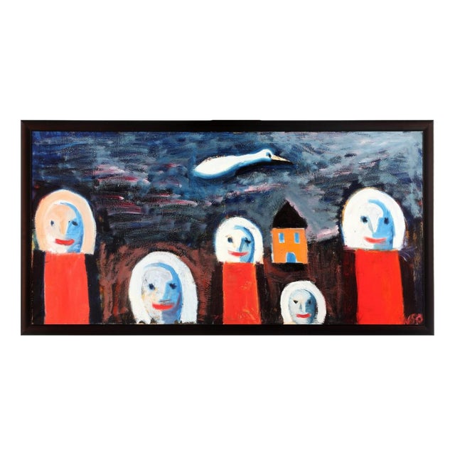 Wiliam Skotte Olsen, Figures, Houses and Birds, Oil on Canvas For Sale