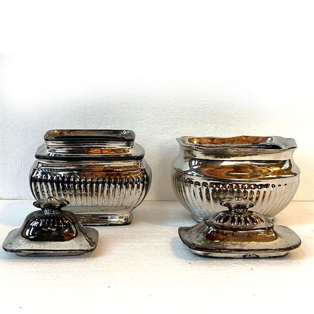 Two Similar English Regency Silver Luster Pottery Covered Sugar Bowls For Sale - Image 4 of 10