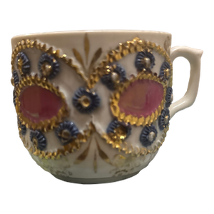 Antique German Lusterware Porcelain Cup Victorian Raised Gilt Floral Relief - Pink & Purple
