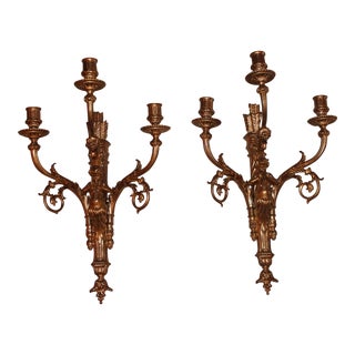 Early 19th C. French Heavy Dore 3 Light Candle Cherubim Highly Detailed Sconces - a Pair For Sale