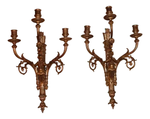 Early 19th C. French Heavy Dore 3 Light Candle Cherubim Highly Detailed Sconces - a Pair