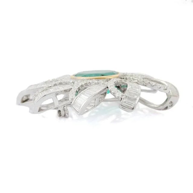 Metal Real 7.25 CTW Diamond 7.5 CTW Emerald Floral Brooch in 18k Solid Gold For Sale - Image 7 of 15