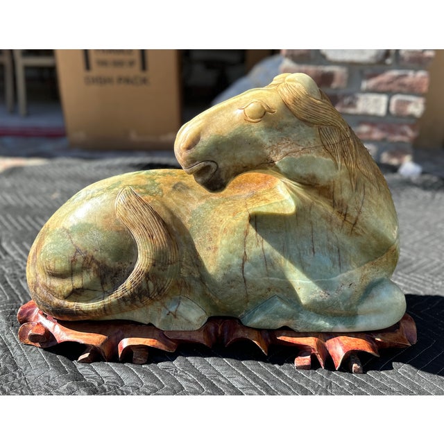 Late 20th Century Carved Hardstone Reclining Horse Sculptures on Organic Wood Bases - a Pair For Sale - Image 11 of 13