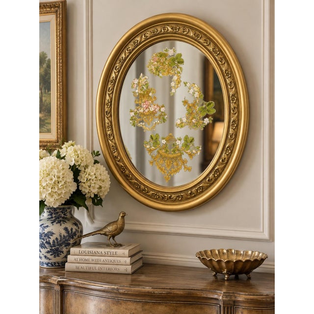 Neoclassical Vintage Ornate Gold Oval Floral Wall Mirror For Sale - Image 3 of 4