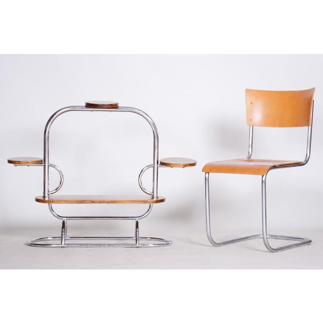 1930s Bauhaus Flower Stand in Oak & Chrome, Czech, 1930s For Sale - Image 5 of 15