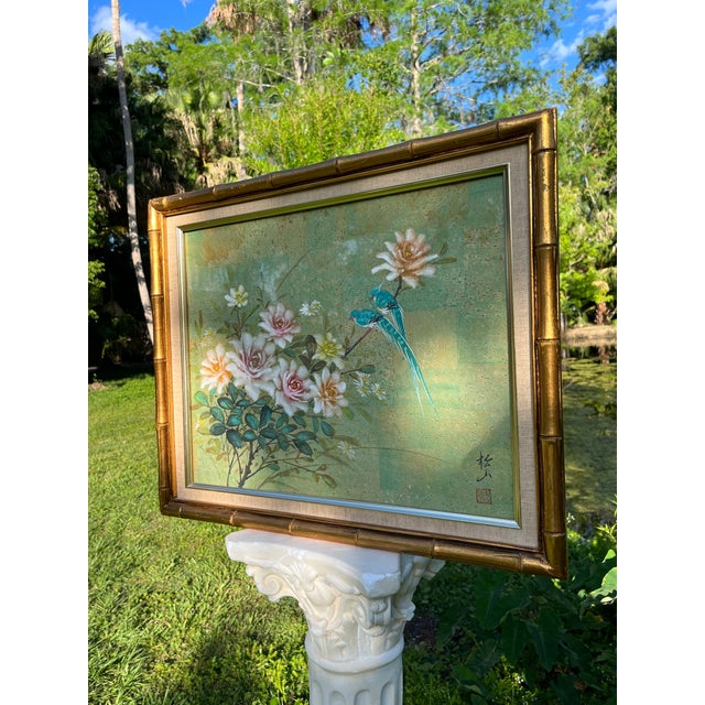 Asian Antique Vintage Asian Art Two Birds & Flowers - Signed For Sale - Image 3 of 3