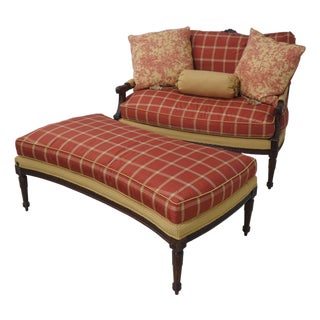 Raymond Waites Mahogany Overstuffed Loveseat & Ottoman For Sale