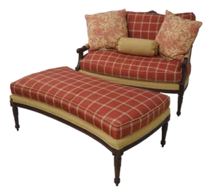 Raymond Waites Mahogany Overstuffed Loveseat & Ottoman