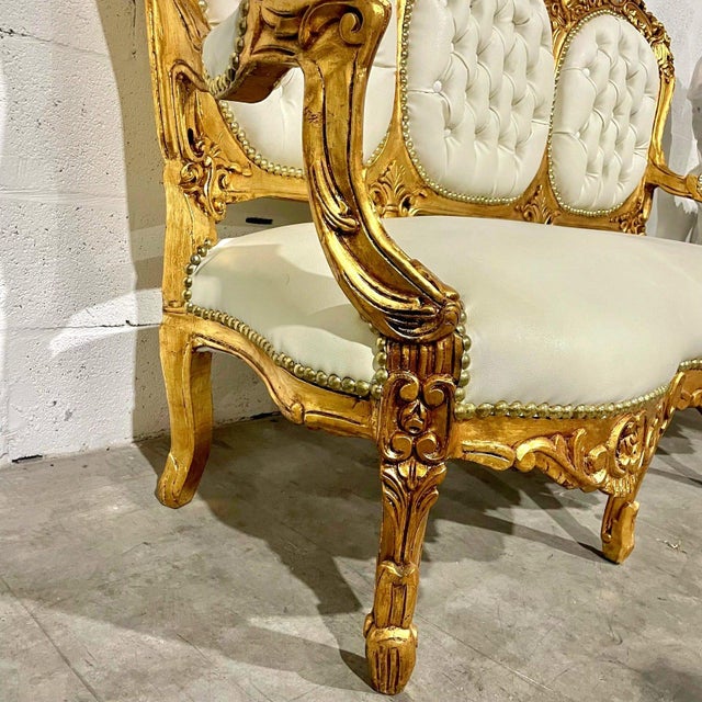 Textile White Leather French Rococo Sofa – Gold Leaf Frame For Sale - Image 7 of 7