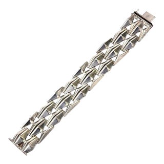 Vintage Italian Sterling Silver Geometric Row Link Bracelet, 60's For Sale