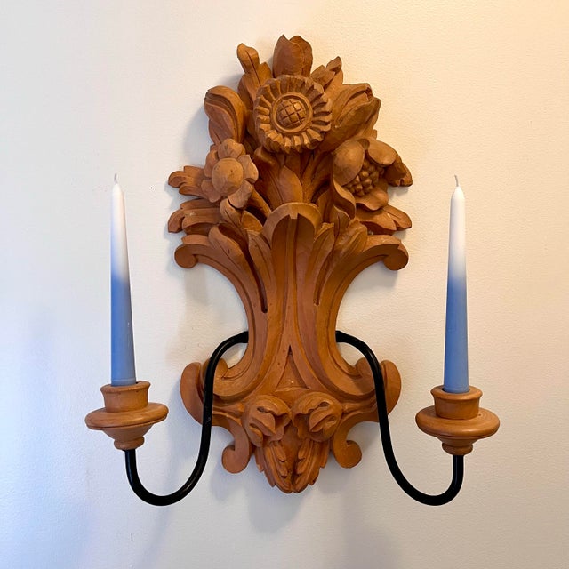 Tan Vintage Italian Rustic Style Carved Wood Two Arm Candle Wall Sconces - A Pair For Sale - Image 8 of 11