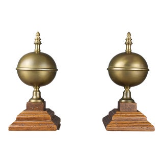 1980s Brass Sphere & Finial Bookends on Faux Wormwood Oak Base- Set of 2 For Sale