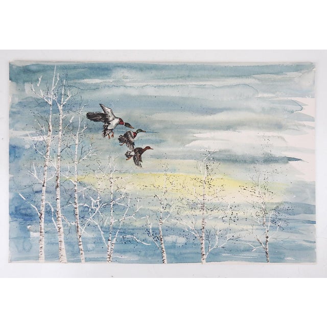 1979 Mallard Duck and Birch Trees Watercolor Painting For Sale - Image 4 of 4