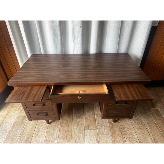 Coffee Vintage MCM Wood Veneer Desk For Sale - Image 8 of 12