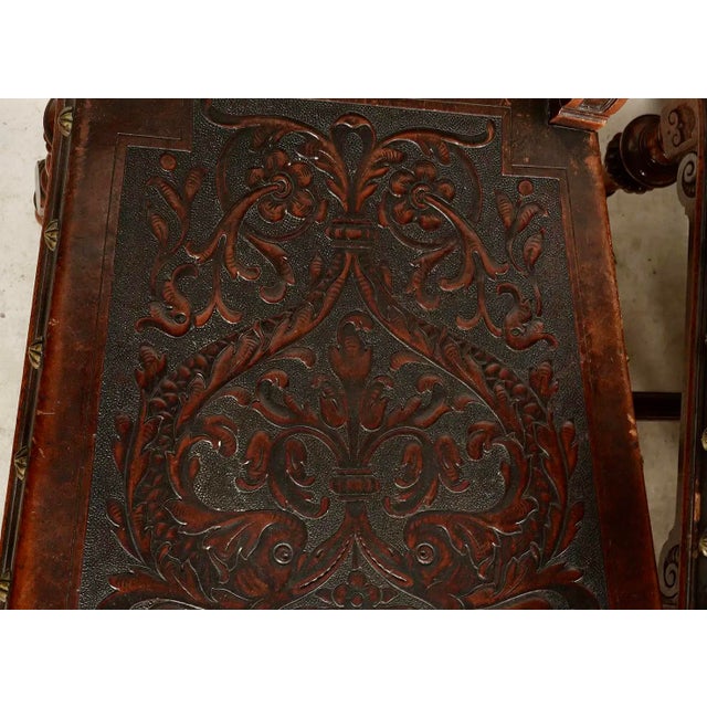 Spanish Revival Leather Embossed Carved Dining Chairs-Set of 6 For Sale In Los Angeles - Image 6 of 7