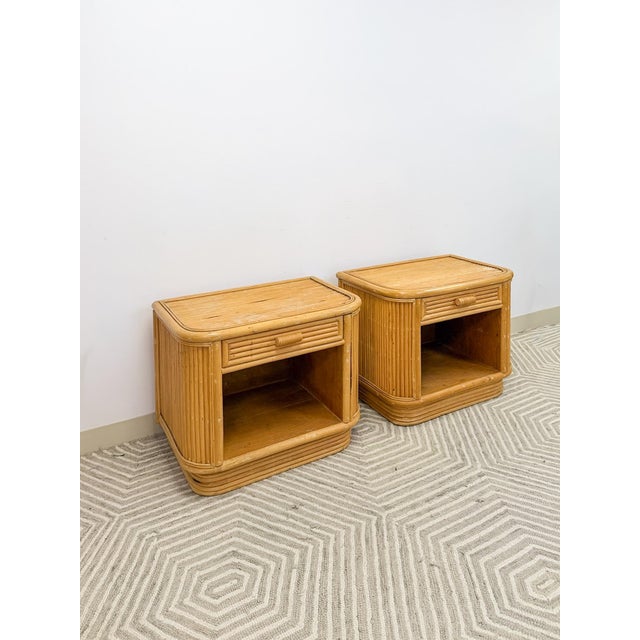 Mid 20th Century Pair of Blonde Ribbed Pencil Reed Rattan Nightstands Coastal Hollywood Regency For Sale In Tampa - Image 6 of 11