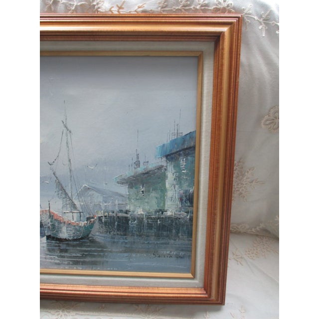 Vintage Sunset Seascape on Canvas of Fishing Village With Boats & Seagulls, Framed For Sale In Columbia, SC - Image 6 of 9