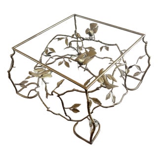 1970s Vintage Italian Brass Organic Tree & Bird Square Cocktail Table For Sale